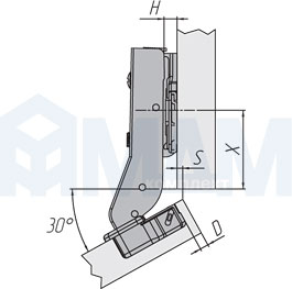 Установочные размеры угловой (+30/95) накладной петли INTEGRA SLOWMOTION со встроенным амортизатором, FGV