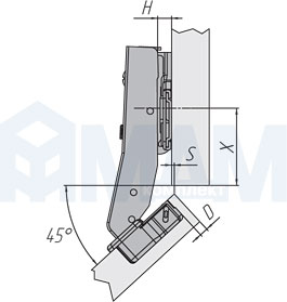 Установочные размеры угловой (+45/95) накладной петли INTEGRA SLOWMOTION со встроенным амортизатором, FGV