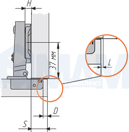 Установочные размеры стандартной (90/110) накладной петли INTEGRA SLOWMOTION со встроенным амортизатором, FGV