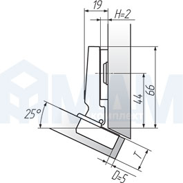 Установочные размеры угловой (-25/110) накладной петли SLIDE-ON, FGV
