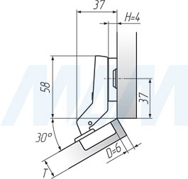 Установочные размеры угловой (+30/110) петли SLIDE-ON (FGV), чертеж 2