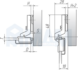 Установочные размеры для вкладной (90/105) петли MINI QS, FGV для стеклянных фасадов