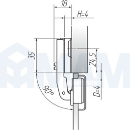 Установочные размеры для прямой (180/90) петли MINI QS, FGV для стеклянных фасадов