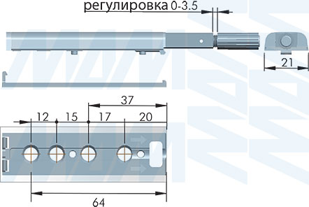 Размеры накладного толкателя Push-to-Open 40 мм с демпфером и линейным крепежом (артикул BS-020900)