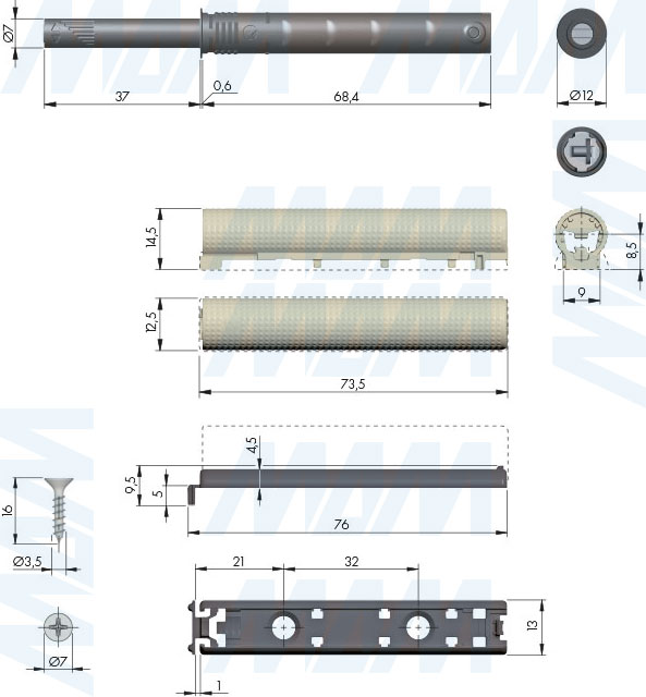 Размеры накладного толкателя K-PUSH TECH с текстурой, 37 мм, с магнитом (артикул C010002999 и C010003013)