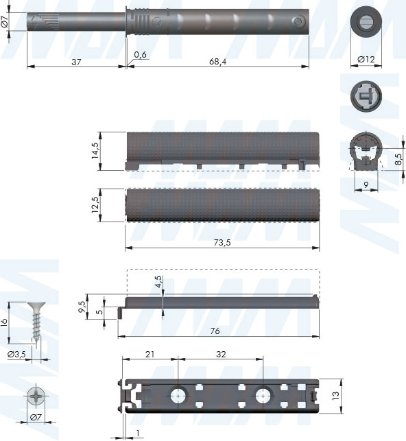 Размеры накладного толкателя K-PUSH TECH с текстурой, 37 мм, с магнитом (артикул C010003000 и C010003014)