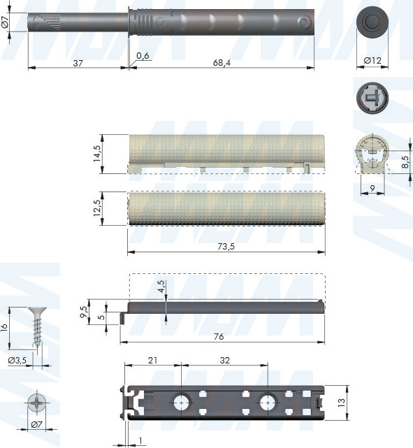 Размеры накладного усиленного толкателя K-PUSH TECH с текстурой, 37 мм, с демпфером (артикул C010003001 и C010003015)