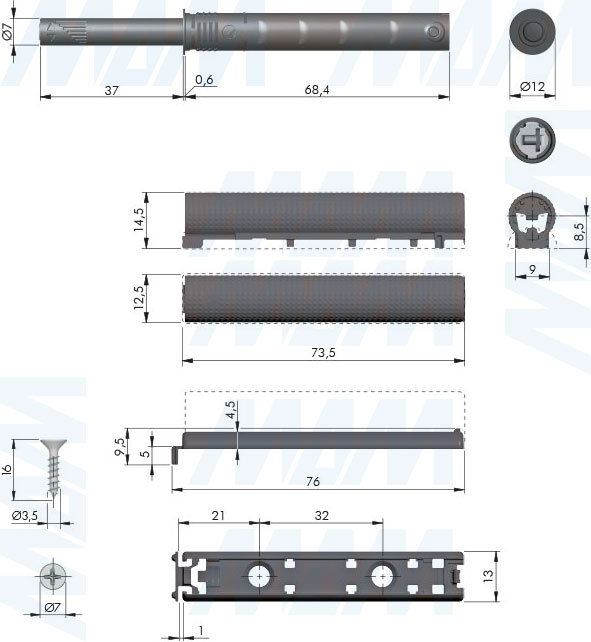 Размеры накладного усиленного толкателя K-PUSH TECH с текстурой, 37 мм, с демпфером (артикул C010003002 и C010003016)