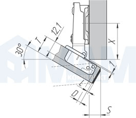 Установочные размеры для накладной угловой (-30/125) петли Slide-on 95, Ferrari