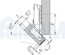Установочные размеры для накладной угловой (-45/125) петли Slide-on 95, Ferrari