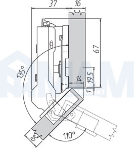 Установочные размеры для угловой (+45/110) накладной петли TIOMOS, GRASS (боковина с фаской)