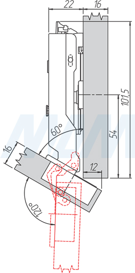 Установочные размеры для угловой (-30/120) накладной петли TIOMOS, GRASS