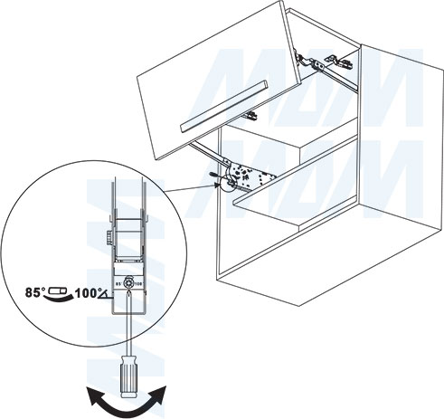 Регулировка угла открывания складного подъемного механизма FLAP FOLD, схема 1