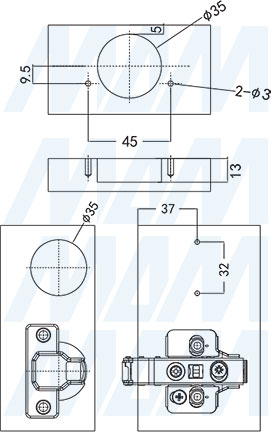 Установка петель для верхнего фасада для складного подъемного механизма FLAP FOLD, схема 1