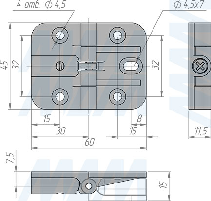 Размеры петли под саморез для откидной створки с фиксатором (артикул HJ-081200)