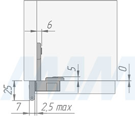 Размеры одношарнирной полунакладной петли с наложением 2,5 мм (артикул HJ-082201-14), чертеж 1