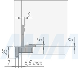 Размеры одношарнирной полунаклодной/накладной петли с наложением 6,5 мм (артикул HJ-082202-16), чертеж 1