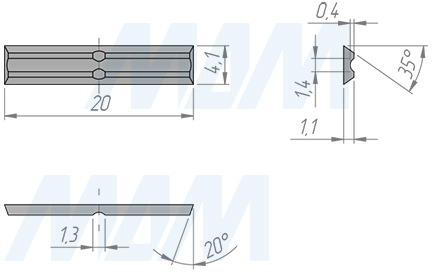 Размеры сменной твердосплавной пластины 20x4,1x1,1, FK30UF, 4-х сторонняя (комплект 10 шт.) (артикул 204111-07)