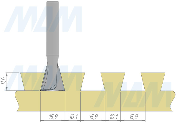 Ласточкин хвост, шаг 26 мм, с&nbsp;помощью приспособления для&nbsp;нарезки шипов от Virutex (Испания) (артикул 5000000), чертёж