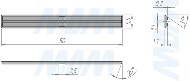 Размеры сменной твердосплавной пластины 50x5,5x1,1, FK30UF, 4-х сторонней (комплект 10 шт.) (артикул 505511-07)