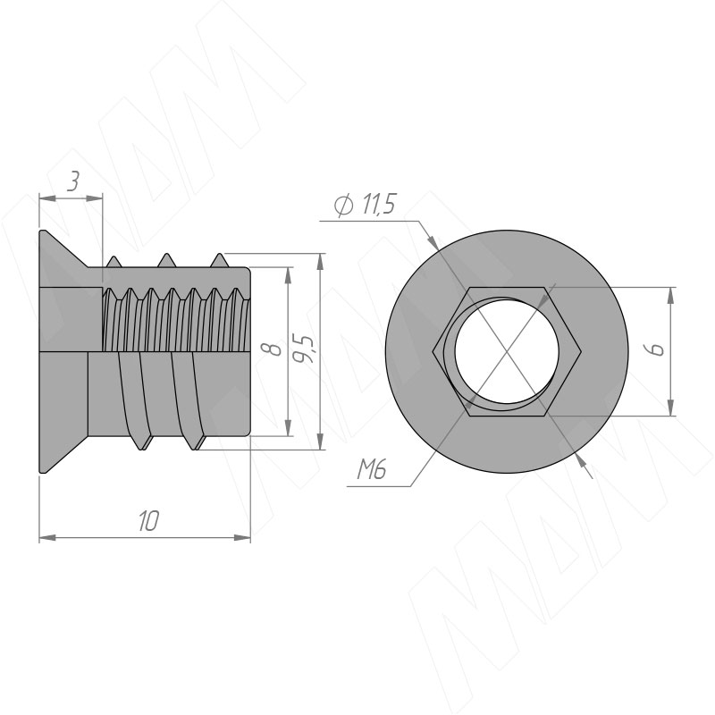 Футорка металлическая D8, М6x10 фото товара 2 - BU36
