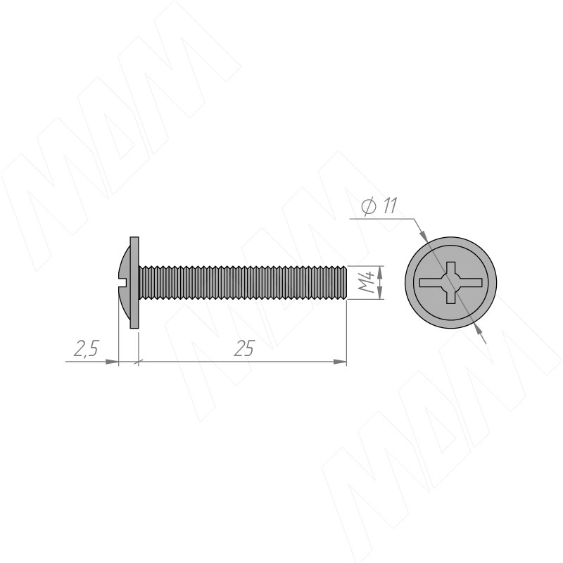 

Винт с полукруглой головкой под крест, M4x25 (HS M4 X25 MP), Винт с полукруглой головкой под крест, M4x25