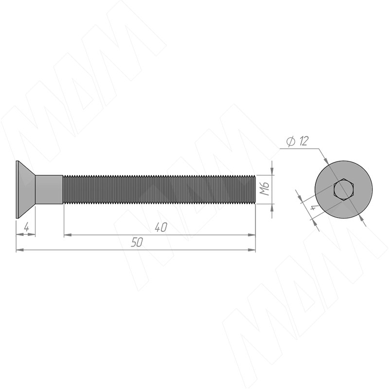 Винт с потайной головкой под шестигранник, M6 X 50 фото товара 2 - HXS M6 X50 MP