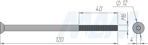 Размеры винта M6x120 мм с потайной головкой под шестигранник (артикул 504-05 (M6X120))