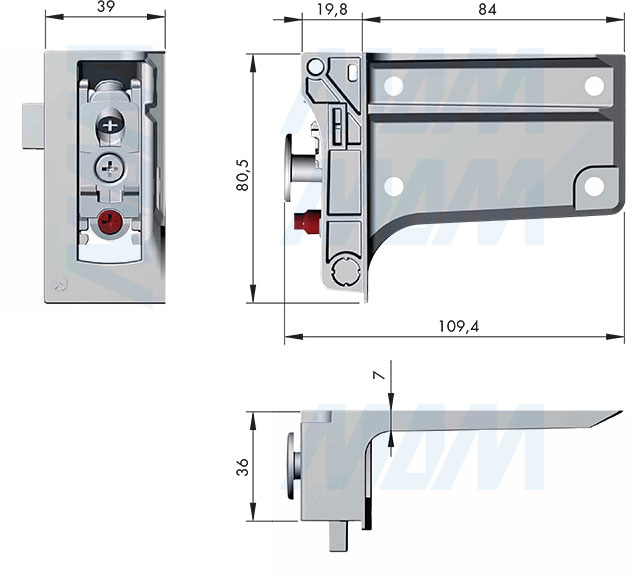 Размеры мебельного навеса LIBRA H7 с креплением на винты для корпусов нижнего яруса (артикул 63422250ZN)