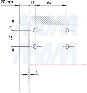Установка мебельного навеса LIBRA H7 с креплением на винты для корпусов нижнего яруса при использовании с задней панелью толщиной 4 мм (артикул 63422250ZN), схема 1