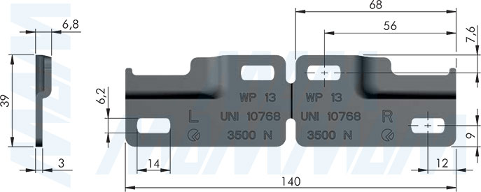 Размеры планки LIBRA WP13 для навесов для корпусов нижнего яруса (артикул 63450180ZN)