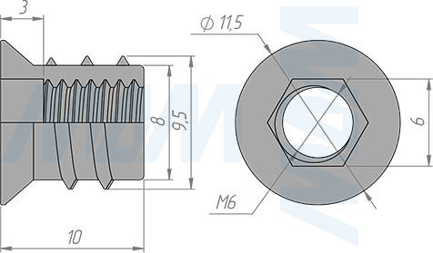Размеры металлической футорки D8, М6x10 мм (артикул BU36)