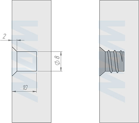 Установка металлической футорки D8, М6x10 мм (артикул BU36)