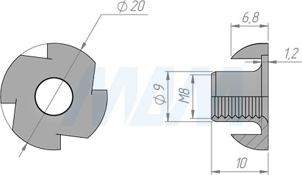 Размеры усовой гайки М8 (артикул C020)