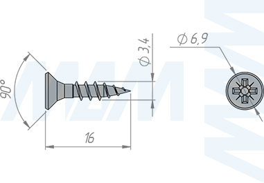 Размер самореза 3,5x16 мм с потайной головкой под крест (артикул CHS 3,5 X 16 NK MP)
