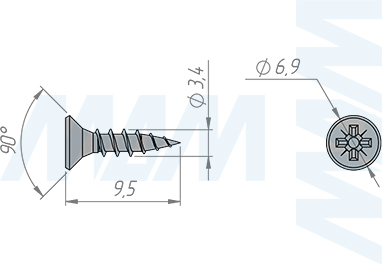 Размер самореза 3,5x9,5 мм с потайной головкой под крест (артикул CHS 3,5 X 9,5 MP)