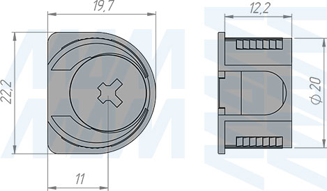 Размеры эксцентрика в металлическом корпусе для плиты 16 или 18 мм (артикул EM.EC20-16.B)