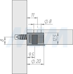 Установка эксцентрика в металлическом корпусе с бортиком для плиты 16 или 18 мм (артикул EM.EC20-16), схема 1