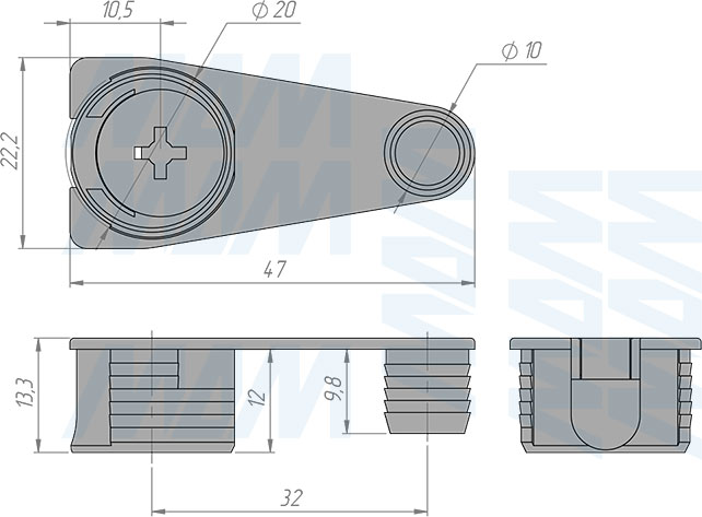 Размеры эксцентрика в металлическом корпусе с дополнительной футоркой для плиты 16 или 18 мм (артикул EMS.EC20-16.B)