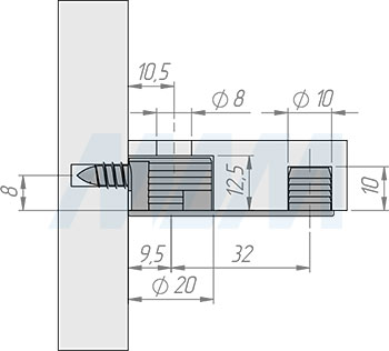 Установка эксцентрика в металлическом корпусе с бортиком и дополнительной футоркой для плиты 16 или 18 мм (артикул EMS.EC20-16), схема 1