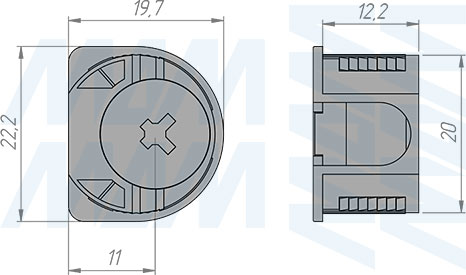 Размеры эксцентрика в пластиковом корпусе для плиты 16 или 18 мм (артикул ER.EC20-16.B)
