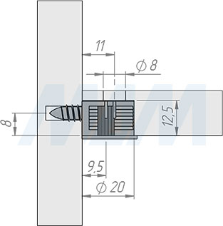 Установка эксцентрика в пластиковом корпусе для плиты 16 или 18 мм (артикул ER.EC20-16.B), схема 1