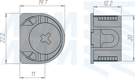 Размеры эксцентрика в круглом пластиковом корпусе с бортиком для плиты 16 или 18 мм (артикул ER.EC20-16)