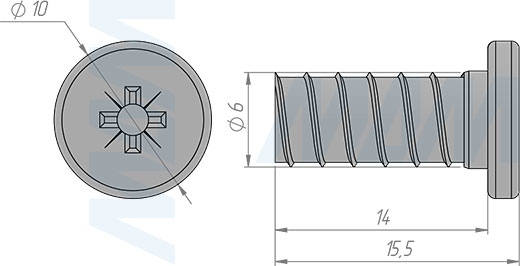 Размеры евровинта с плоской головкой 6x14 мм (артикул ES-6-0X14-0-FL-MP)
