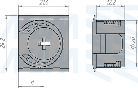 Размеры эксцентрика в квадратном пластиковом корпусе для плиты 16 или 18 мм (артикул ES.EC20-16.B)