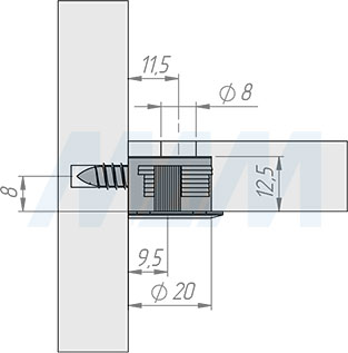 Установка эксцентрика в квадратном пластиковом корпусе для плиты 16 или 18 мм (артикул ES.EC20-16.B), схема 1