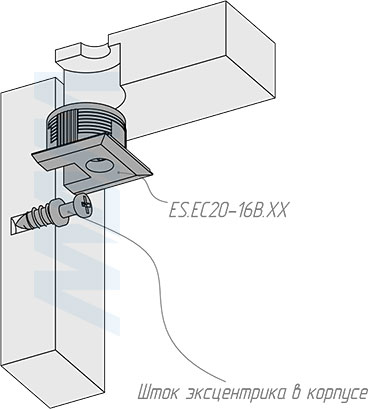 Установка эксцентрика в квадратном пластиковом корпусе для плиты 16 или 18 мм (артикул ES.EC20-16.B), схема 2