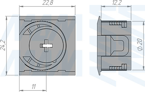 Размеры эксцентрика в квадратном пластиковом корпусе с бортиком для плиты 16 или 18 мм (артикул ES.EC20-16)