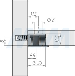 Установка эксцентрика в квадратном пластиковом корпусе с бортиком для плиты 16 или 18 мм (артикул ES.EC20-16), схема 1