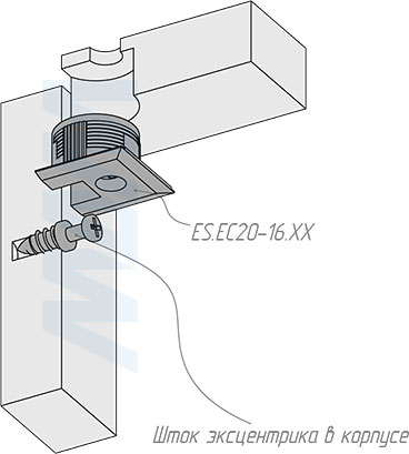 Установка эксцентрика в квадратном пластиковом корпусе с бортиком для плиты 16 или 18 мм (артикул ES.EC20-16), схема 2